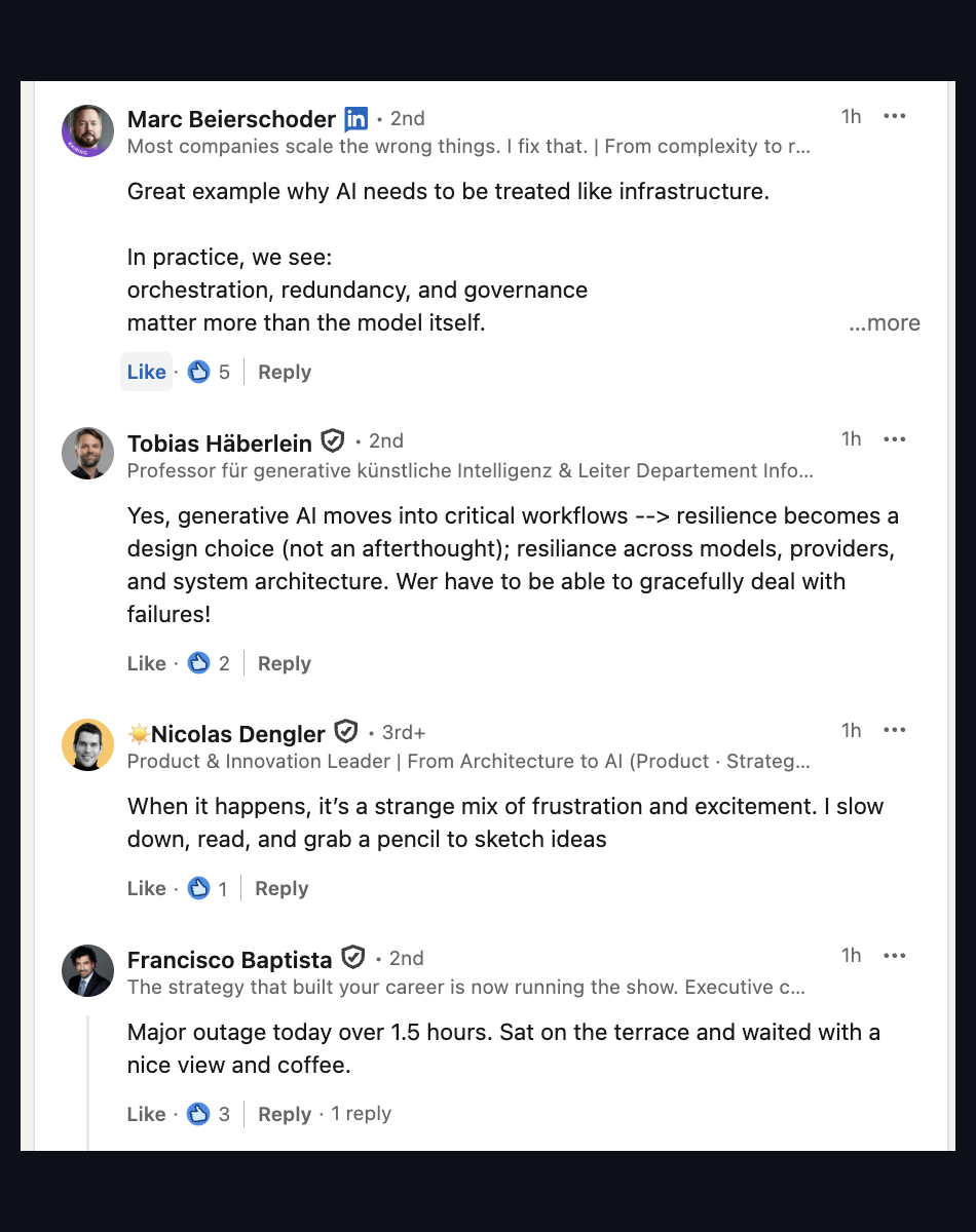 LinkedIn reactions to the Anthropic outage: Marc Beierschoder, Tobias Häberlein, Nicolas Dengler, Francisco Bautista on AI infrastructure resilience