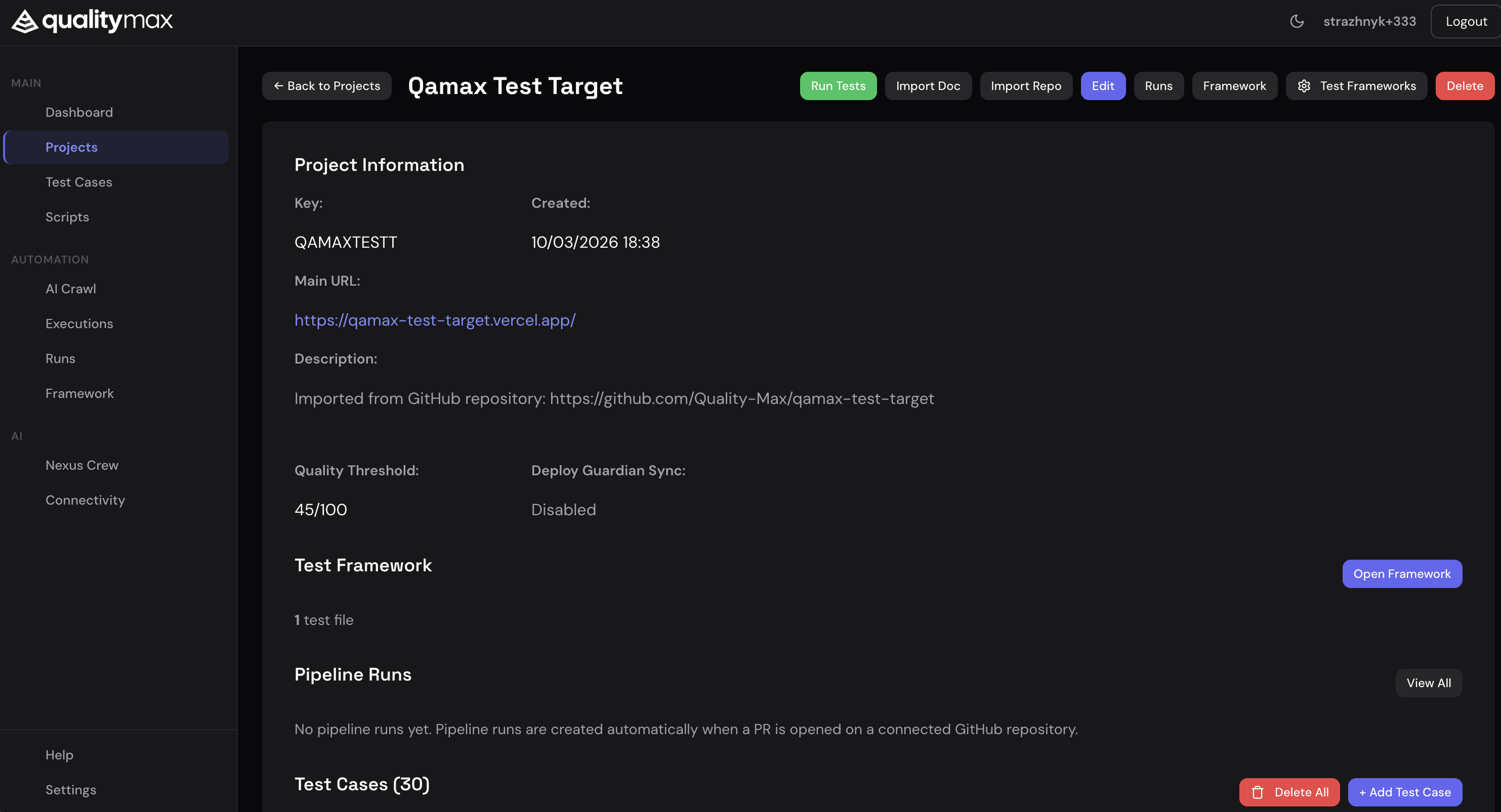 QualityMax Dashboard showing project overview