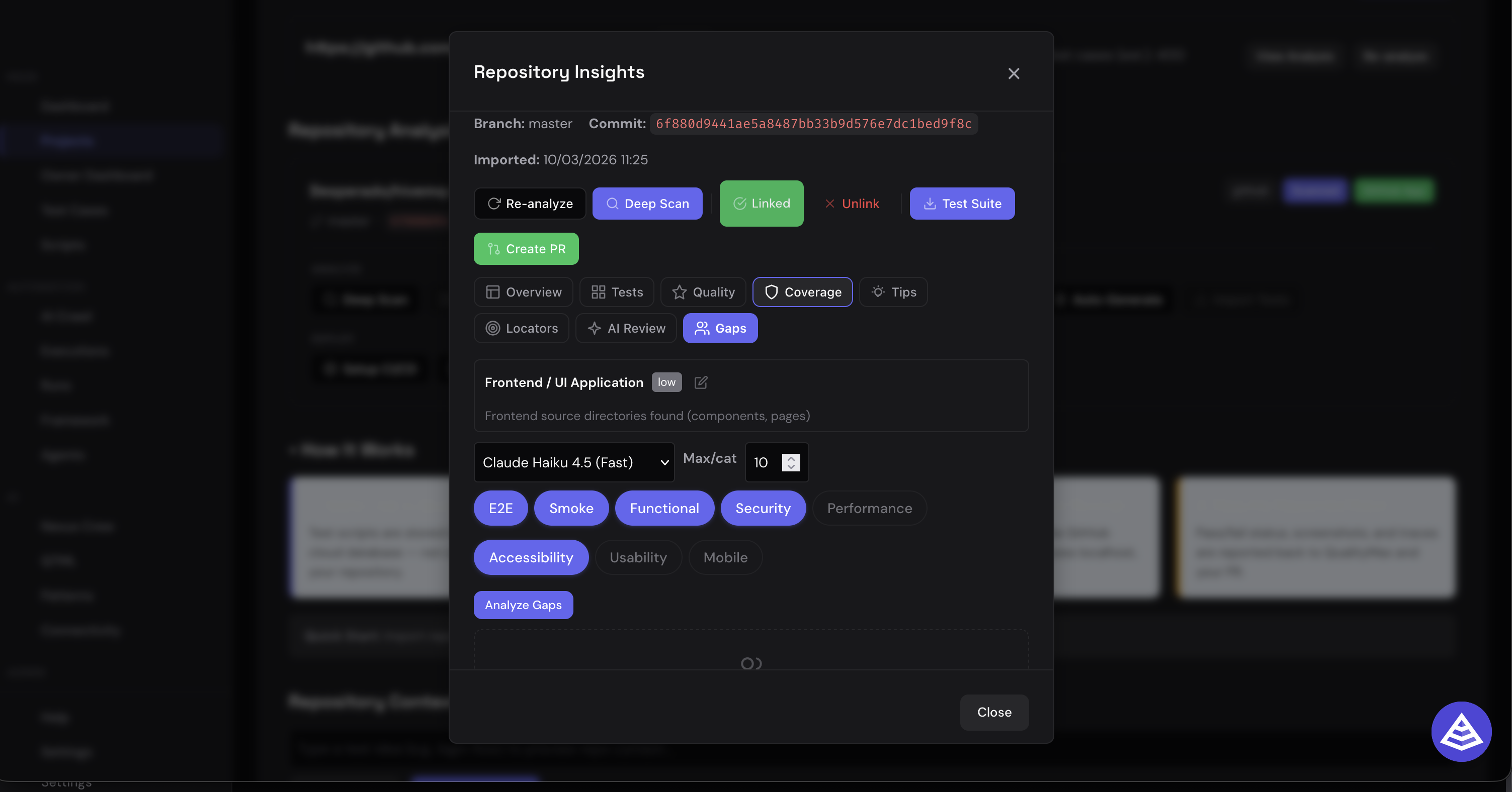 Repository insights showing deep scan, coverage tabs, and gap analysis