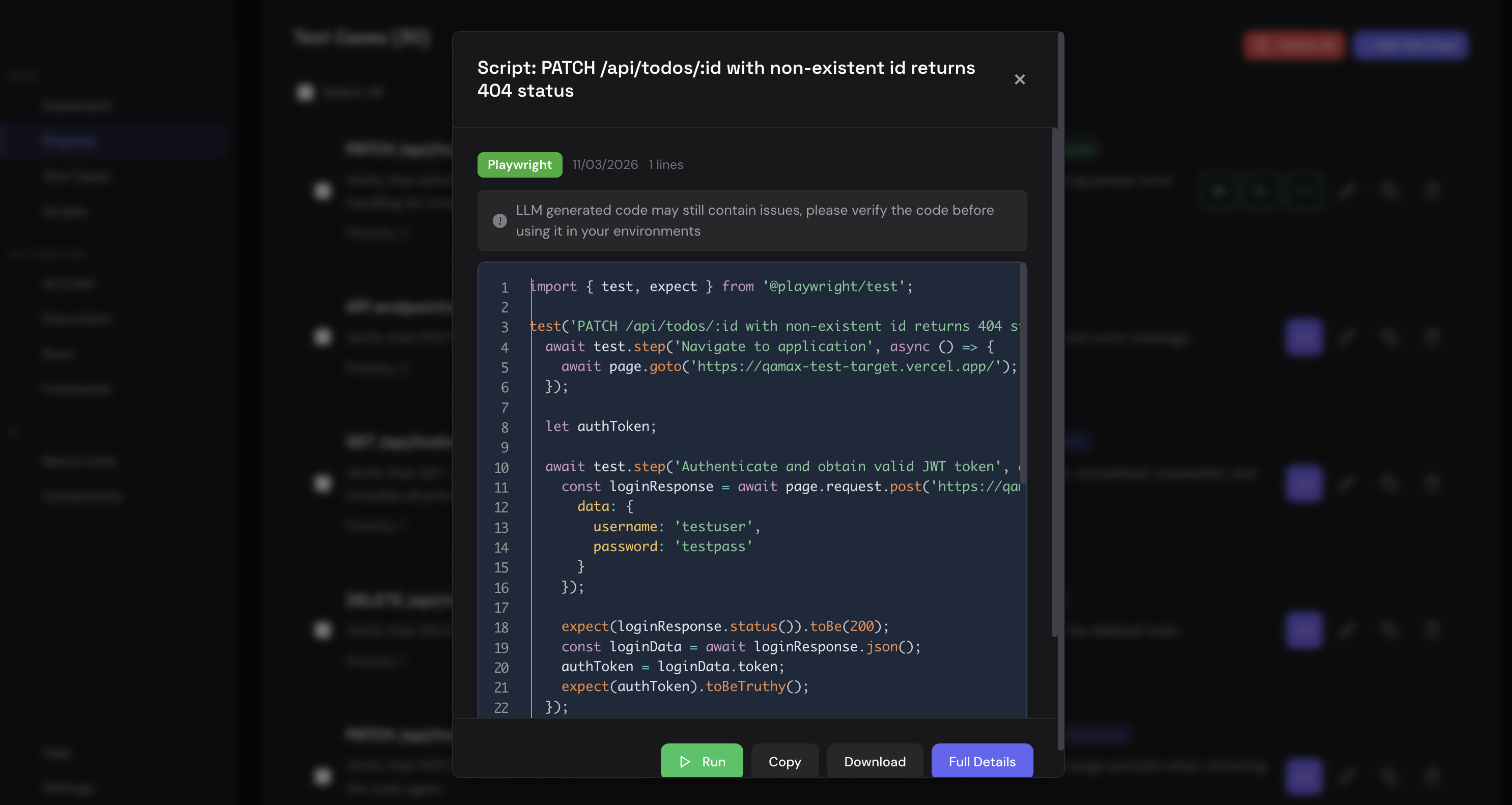 Generated Playwright test code with syntax highlighting