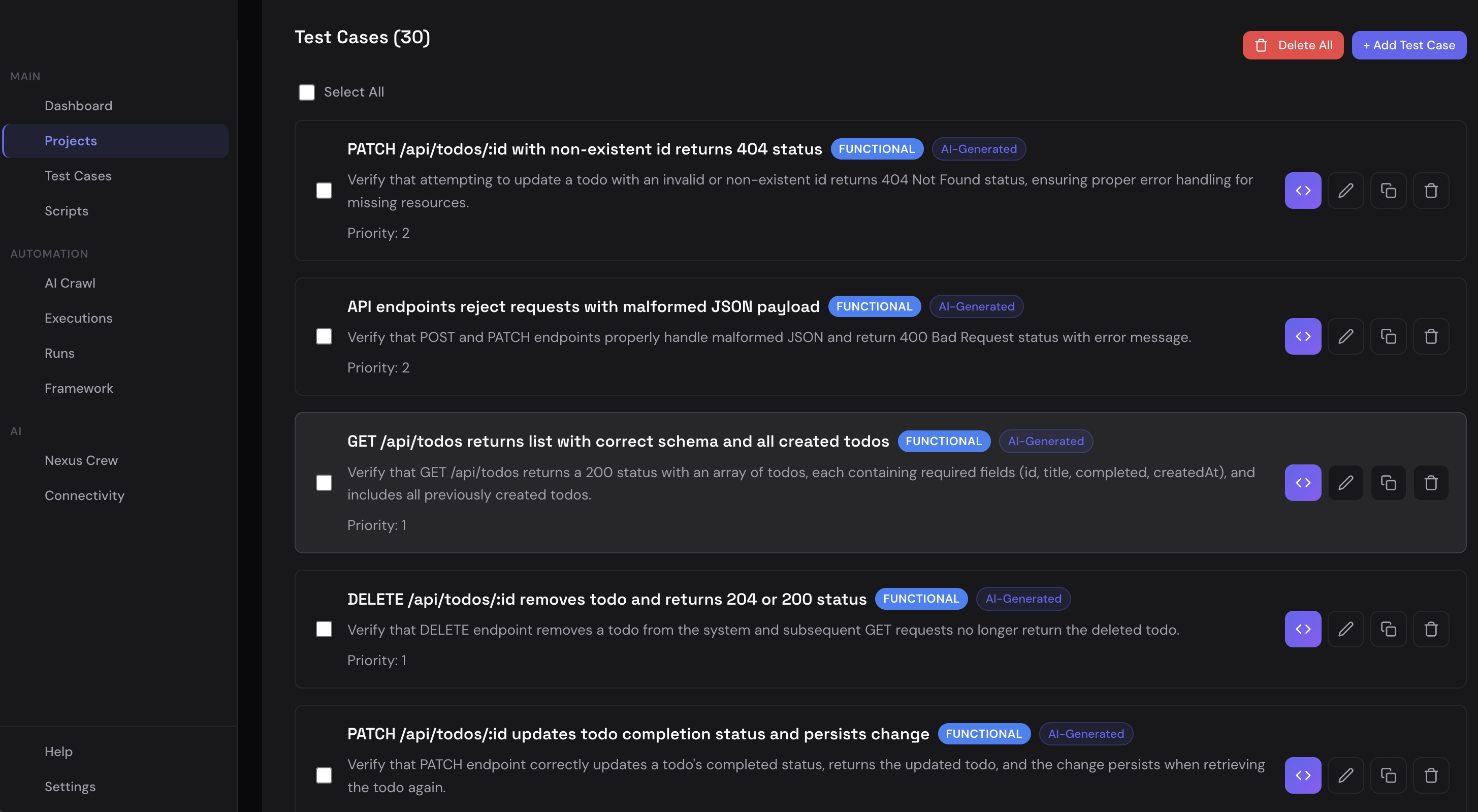 Test cases list with 30 AI-generated functional test cases